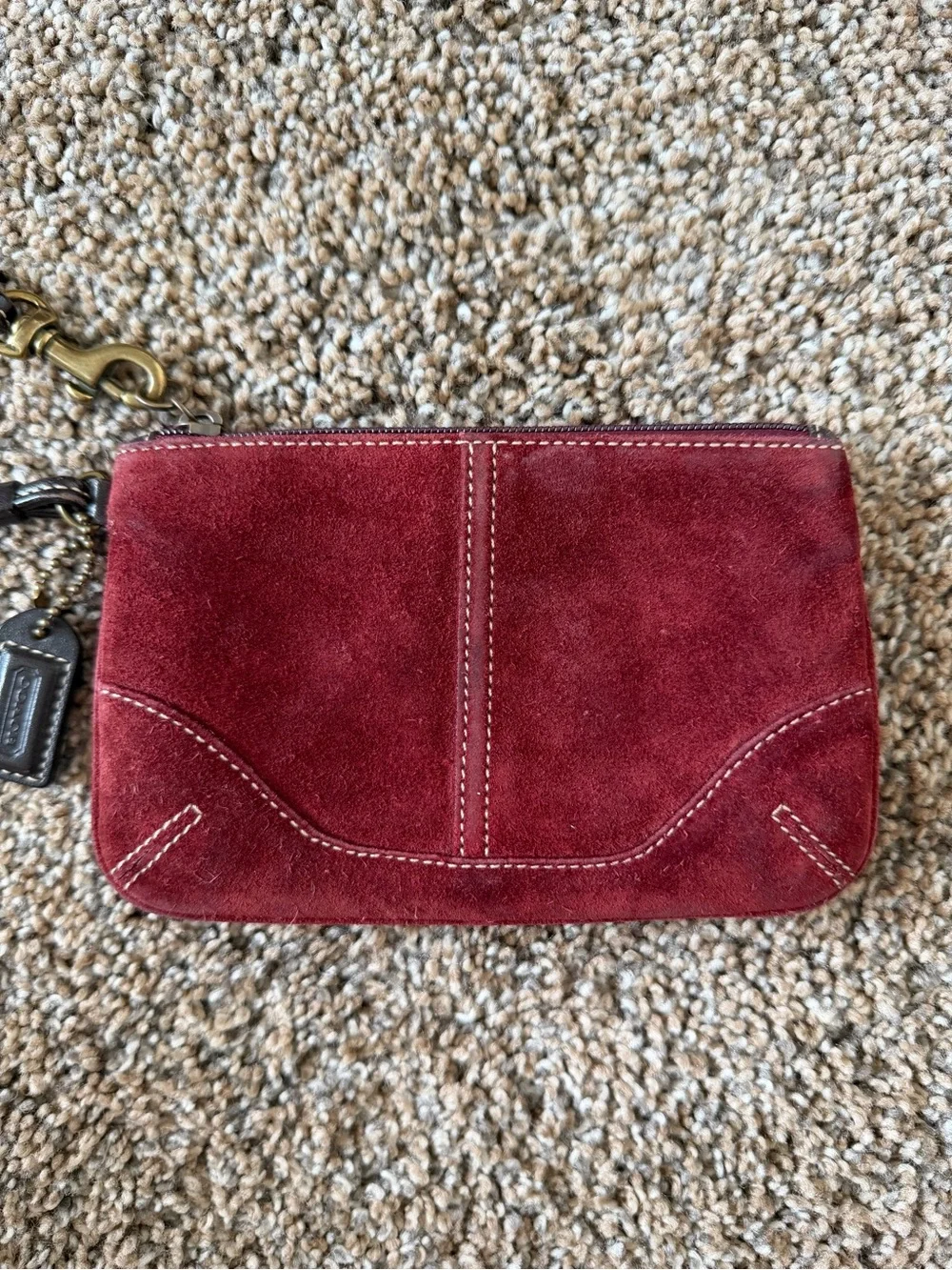 COACH Vintage Stitched Suede Burgundy Red Zip Wristlet Wallet
